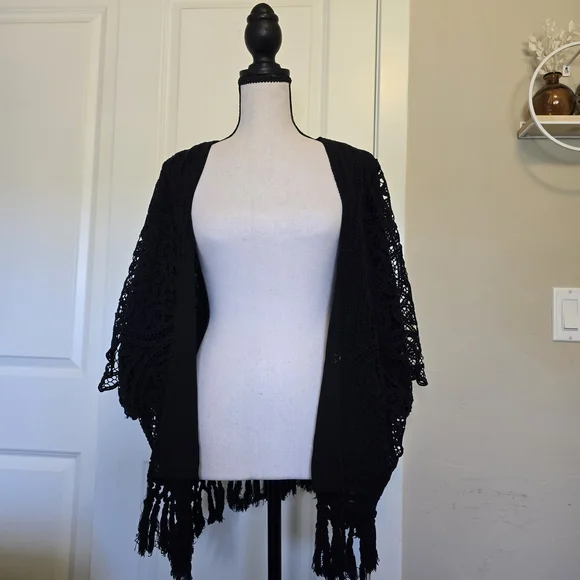 Greylin Anthropolgie Black Crochet Fringe Cardigan Size Small - Picture 2 of 15